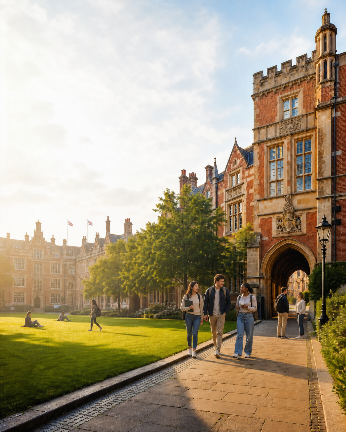 International students walking near a UK university campus